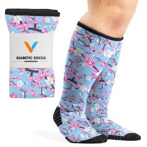 lot 20388 image: Viasox Compression Socks for Women and Men, Knee High Socks 12-15 mmhg Circulation Support for Flight, Travel, Daily (US, Alpha, Large, Regular, Regular, Cherry Blossom)