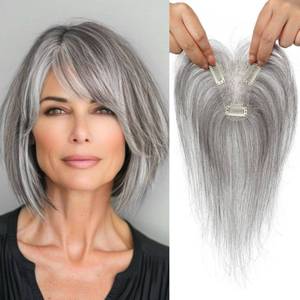 lot 20389 image: REECHO Hair Toppers for Women Real Human Hair, Seamless Human Hair Toppers with Bangs, 360° 3D Cover Clip in Bangs Hair Extensions for Daily Wear, Gray