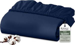 lot 20399 image: Royale Linens 100% Organic Cotton Fitted Sheet - Percale Weave - Super Soft Deep Pocket Bottom Sheets - Navy Elastic Sheet Queen Size - Queen Fitted Sheets Only - (60x8015, Navy)