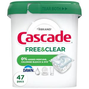 lot 20427 image: Cascade Free & Clear Dishwasher Pods, Dishwasher Detergent, Dish Detergent Soap, Unscented, 47ct (Partially Used)