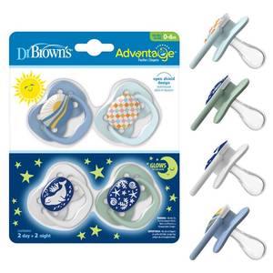 lot 20494 image: Dr. Browns Advantage Glow-in-the-Dark Baby Pacifier, Fully Symmetrical Soother with Soft Silicone Bulb, Blue Sunrise-Blue Ocean, 0-6m, BPA Free, 4 Pack