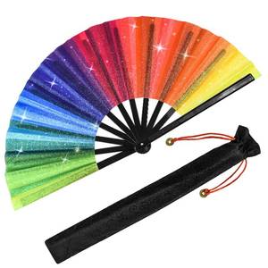 lot 20498 image: Large Rainbow Hand Fan Rave Clack Folding Fan Handheld Holographic Glitter Festival Foldable Silk Fan with Fabric Case for Men Women Gift Line Dancing Performance Gay Pride Day Parade Party Cosplay