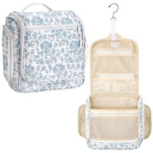 lot 1382 image: Eccliy Blue Floral Travel Toiletry Bag for Women Quilted Makeup Bag Gift for Mothers Day Bridal Shower Cosmetics Toiletry Organizer with Hooks Bathroom Travel Accessory Essentials