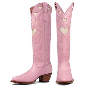 lot 1399 image: POYOIOR Pink Western Knee High Boots for Women Heart Pattern Round Toe,7.5