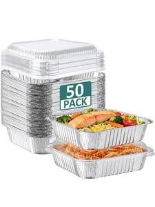 lot 1401 image: NEEBAKE 50 Pack 8x8 Aluminum Pans with Plastic Lids - Disposable Square Foil Pans, Aluminum Tin Foil Baking Pan, Food Containers for Baking, Cooking, Heating Cakes, Bread