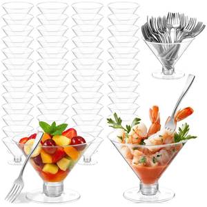 lot 1411 image: 100 Pack Plastic Martini Glasses Disposable with Mini Silver Forks, 50 Pcs Forks and 50 Pcs 5oz Shrimp Cocktail Cups, Clear Disposable Cocktail Glasses for Wedding, Desserts and Appetizers (Clear)