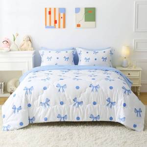 lot 1412 image: Wajade 7 Piece Blue Bow Comforter Set for Girls Kids Twin Size Bedding Set with Sheet and 2 Pillowcases 2 Pillow Shams Cute Girls Bed in a Bag as Birthday Choice