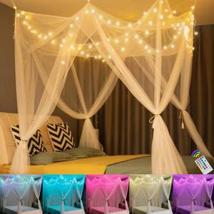 lot 1425 image: White Bed Canopy with 24 Colors Star Lights for Girls, 8 Corner Princess Canopy Bed Curtains with Color Changing LED String Lights Remote Timer for Adults Women Bedroom, Twin Full Queen King Bed