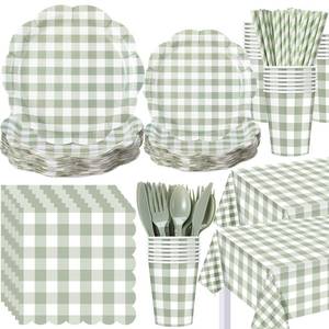 lot 1428 image: Funnymoom 452 Pcs Sage Green Gingham Party Supplies for 50 Guests, Green Gingham Paper Plates Napkins Cup Tablecloth Disposable Tableware for BBQ Picnic Birthday Baby Shower Wedding Party Decoration