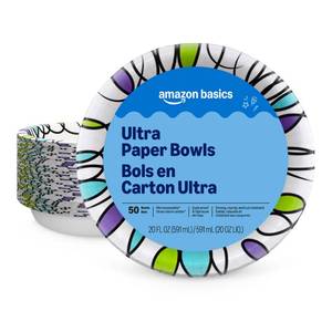 lot 2031 image: Amazon Basics Ultra Disposable Paper Bowls, 20 Oz, Microwave Safe, Soak Proof, Strong & Sturdy, White, 50 Count, Packaging May Vary