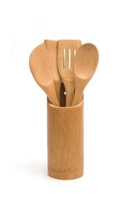 lot 2049 image: Lipper International Bamboo Wood Kitchen Tool Holder with 4 Tools, 3-14 x 3-14 x 8-34