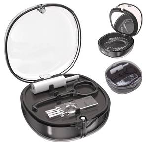 lot 2051 image: EZEELAI Dental Retainer Box Case Orthodontic Retainer Container with Removal Tool, Chew and Travel Brush, Double-layer Mouth Guard Holder Container Case with Mirror - Transparent Black