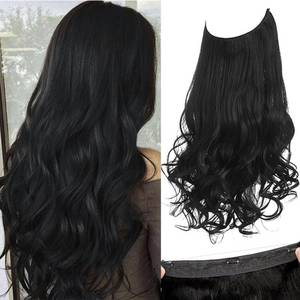 lot 2084 image: SARLA Invisible Wire Hair Extensions with 3 Clips Long Synthetic Wavy Curly Hairpiece Adjustable Transparent Headband for Women 18 Inch Jet Black
