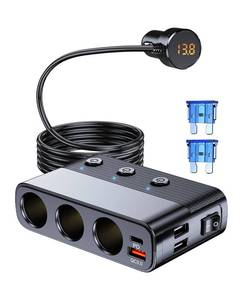 lot 2198 image: LIHAN 7-1 Cigarette Lighter Splitter, 3-Socket Adapter with PD 30W Type-C
