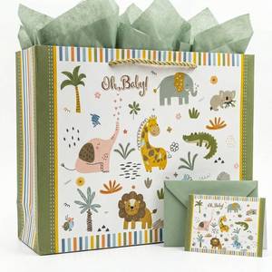 lot 2271 image: GFInYHM 13 Safari Animals Gift Bag for Baby Boy Shower, Jungle Theme Paper Present Bags with Tissue and Card, Neutral Wrapping