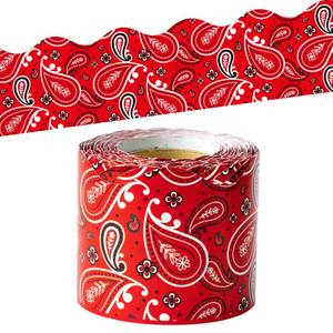 lot 2356 image: BeYumi Cowboy Bandana Border Trim - 65ft Back to School Western Themed Red Bandana Scalloped Rolled Border Trim Wild West Themed Bulletin Board Set Classroom Office Chalkboard Wall Party Decoration