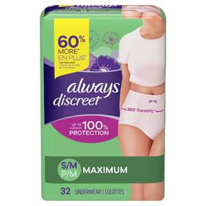 lot 5077 image: Always Discreet Adult Diapers for Women, Incontinence Underwear, Postpartum Essentials, Disposable Briefs, Max Absorbency, Bladder Leak Protection, SmallMedium, 32ct