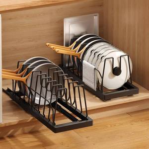 lot 5093 image: Mustorn 2 Pack Pots and Pans Organizer Under Cabinet, 21.6 Deep Pull Out Pot Lid Organizer Holder with Guardrail Adhesive Pot and Pan Holder Rack with 10 Adjustable Dividers(Black)