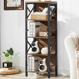 lot 5094 image: MNEETRUNG Small Bookshelf,5 Tier Industrial Bookshelf with Metal Frame and Backboard,Narrow Rustic Brown Book Shelf,Book case for Small Spaces,Living Room,Bedroom and Home Office