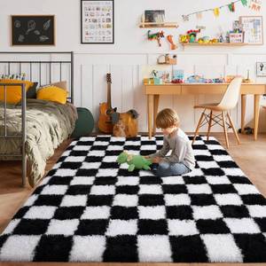 lot 5096 image: Checkered Rug for Bedroom 4x6, Soft Plush Non Slip Fluffy Rug, Black White