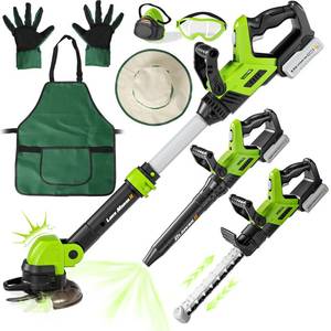 lot 5099 image: Kids Tool Set, 3-IN-1 Power Tools with Sounds & Lights, Volume, Kids Toy Weed Wacker, Leaf Blower & Hedge Trimmer, Hat, Gloves, Apron, Toy Tools Garden Outdoor Lawn Christmas Birthday Gifts for Boys