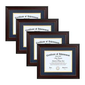 lot 5122 image: DOAI ART 8.5 x 11 Diploma Frame Set of 4 Classic Mahogany with Blue and Gold Double Mat or Displays Document&Certificate 11x14-inch Without Mat,Wide Molding, Gold Beads Hanging Hardware Included,
