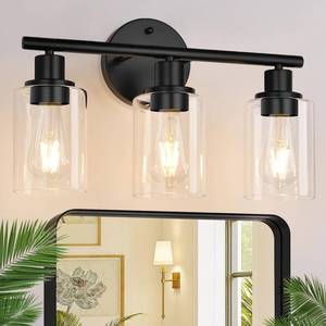 lot 5130 image: Zarbitta 3-Light Bathroom Light Fixtures, 17.23 Black Modern Vanity Lights with Clear Glass Shade, Bathroom Wall Lamp for Mirror Kitchen Living Room Hallway Cabinet Porch
