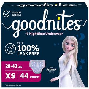 lot 5136 image: Goodnites Girls Nighttime Bedwetting Underwear, Size Extra Small (28-43 lbs), 44 Ct (2 Packs of 22), Packaging May Vary