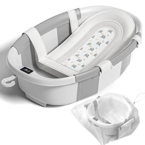 lot 5148 image: Collapsible Baby Bathtub with Soft Cushion and Thermometer, Newborn to Toddler Tub 0-36 Months with Toy Storage Mesh Bag, Portable Travel Bath for Infants (Grey)