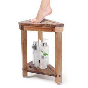 lot 5149 image: Boulphia Shower Foot Rest 14in, Acacia Wood Shower Stool for Shaving Legs, Waterproof Corner Shower Stool with Storage Shelf for Inside Small Shower Spaces, Wood Color