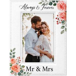 lot 6152 image: FaCraft Wedding Picture Frame-Personalized Wedding Gifts for Couples Newlyweds Leather Floral Mr and Mrs Gift for Newlyweds, Engagement & Bridal Shower Gifts for Bride Always & Forever Keepsake Decor