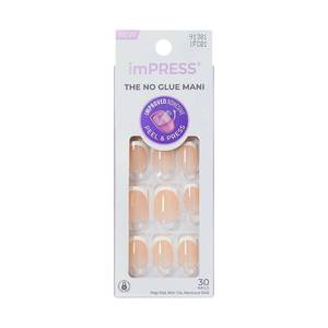 lot 6171 image: Kiss Impress No Glue Mani Press On Nails, Model, Classic French Manicure Kit, 30 Light Neutral  White Tip, Short Squoval, With IMPROVED Adhesive, Includes Prep Pad, Manicure Stick & Mini File