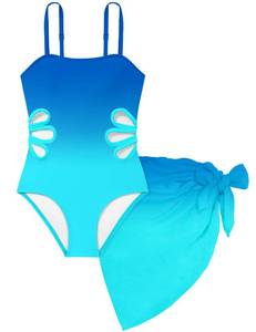 lot 6232 image: TALLWH 5t Swimsuit Girls Adjustable Straps Cut Out One Piece Swimsuits with Cover Up Skirt Girls Bathing Suit Size 6 Pink-Blue Gradient
