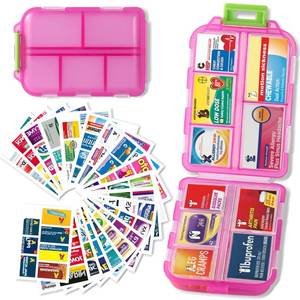 lot 6234 image: Pill Organizer with 161 Medicine Labels, Daily Travel Pill Case (Pink) incomplete
