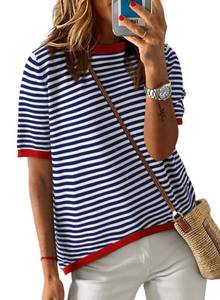 lot 6238 image: Dokotoo Womens Crewneck Tops Summer Casual Color Block Short Sleeve T-Shirts for Women 2026 Fashion Striped Knitted Top Lightweight Top for Women Trendy Fall Sweaters Blue Medium