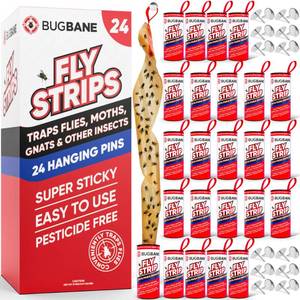 lot 6277 image: Fly Strips Indoor Sticky Hanging 24pk with Pins. Non Toxic Outdoor Fly Trap Indoor for Home. Flies Tape Paper Trap Ribbon Roll for House Gnat Fruit and Housefly. Bug Catchers for Inside Home Flypaper.