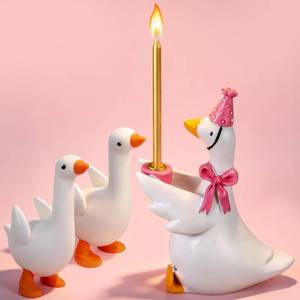 lot 6279 image: FoldTier Goose Cake Candle Holders with Birthday Candle and 2 Mini Silly Goose Figurines Birthday Party Supplies Cute Rubber Figurines Cake Topper Stand Candlestick for Party Celebration(Pink)
