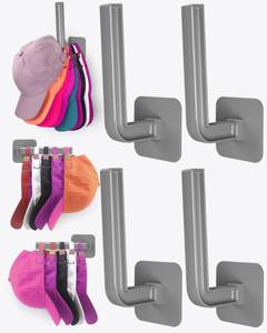 lot 6307 image: Sunfanie Hat Rack for Hat Storage, Multi-Purpose Hat Organizer (4-Pack), Strong Adhesive Hat Hooks for Wall, Hat Organizer for Baseball Caps, Two Mounting Options Hat Hook, Gray