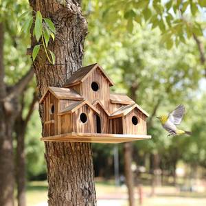 lot 6328 image: Wooden Bird House for Outside Hanging, 6-Hole Garden Decor (Brown)