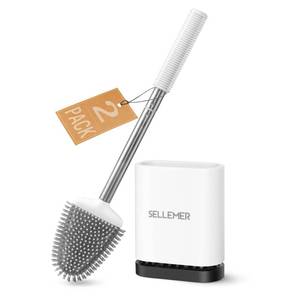 lot 6341 image: Sellemer Silicone Toilet Brush, Ventilation Slots Base Holder 2 Pack, White