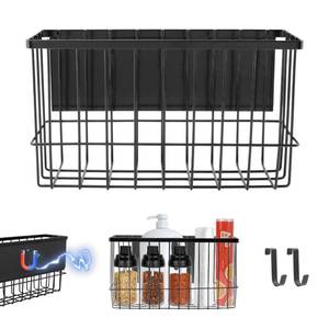 lot 19806 image: Magnetic Basket Organizers, Dryer Ball Holder Laundry Room Organization Whiteboard Metal Wire Basket with Hooks, Space-Saving Fridge Spice Rack for Sponge Recipe Wrap