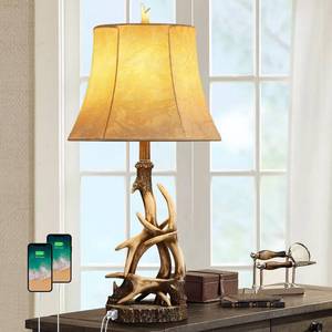lot 19814 image: HUITICO 27.25 Rustic Antler Table Lamps for Living Room with USB A  C Charging Ports Western Cabin Bedside Lamps for Bedroom Nightstand Lamps with Faux Leather Lampshade, Single, Bulb Not Included