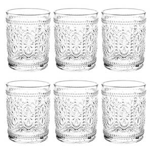 lot 19816 image: Bekith 6 Pack Drinking Glasses, 9.5 oz Romantic Water Glasses, Clear Embossed Glass Cups Vintage Glassware Set for Whisky, Juice, Beverages, Beer, Cocktail