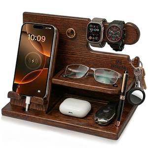 lot 19827 image: TESLYAR Wood Phone Docking Station for Men - Desk or Nightstand Organizer - Birthday Gifts for Husband, Dad - Anniversary Idea from Wife - Key Holder, Stand Wallet, Watch & Essentials (Bourbon Brown)