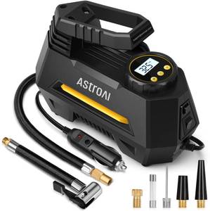 lot 19832 image: AstroAI AIRUN H Tire Inflator Portable Air Compressor, 12V DC Tire Inflator, Auto Shut-Off with Digital Pressure Gauge & LED Light, Fast Inflation for Car, Motorcycle, Bike Tires, 9.8Ft Cord, Yellow
