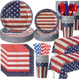 lot 19851 image: Funnymoom 452 Pcs 4th of July Party Supplies for 50 Guests, Memorial Day Patriotic Paper Plates Napkins Cups Tablecloth Cutlery Straw White Red Blue Tableware for 250th Aniversary Party Decoration