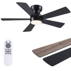 lot 19875 image: Black Ceiling Fans with Lights - 46 Flush Mount Ceiling Fan with Remote and 5 Reversible Blades, 3CCT Dimmable, 6 Wind Speeds&2H Timer, Indoor Low Profile Fan Light Fixture for Modern Bedroom