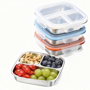 lot 19885 image: DOCMON 3 Pack Stainless Steel Snack Containers for Kids, 3 Compartments on the go Bento Box with Lids, Toddler Lunch Box Containers Meal Prep Containers for Daycare School Outdoor -Blue White Orange