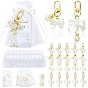 lot 20035 image: 20 Set Pearls and Prosecco Bridal Shower Favors - Pearl Bow Keychain with Thank You Tag Party Supplies for Women, Pearls and Prosecco Bridal Shower Decorations Elegant Wedding Bachelorette Party Gift