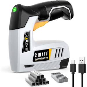 lot 20078 image: BATAVIA Electric Staple Gun, 2-in-1 Cordless Brad Nailer & Stapler Kit with 2000Pcs Nails & Staples, 4V Lithium-ion Rechargeable Nail Gun for Upholstery, Wood Working, DIY Home Projects